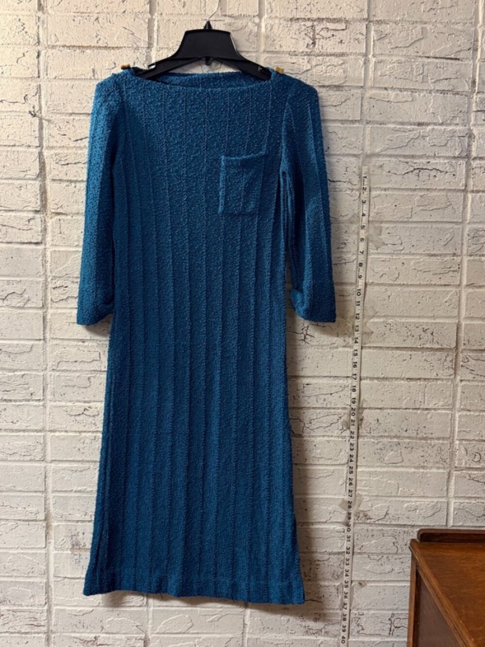 Charles Alan Green Knit Midi Dress 3/4 Sleeve Textured Vintage Pocket